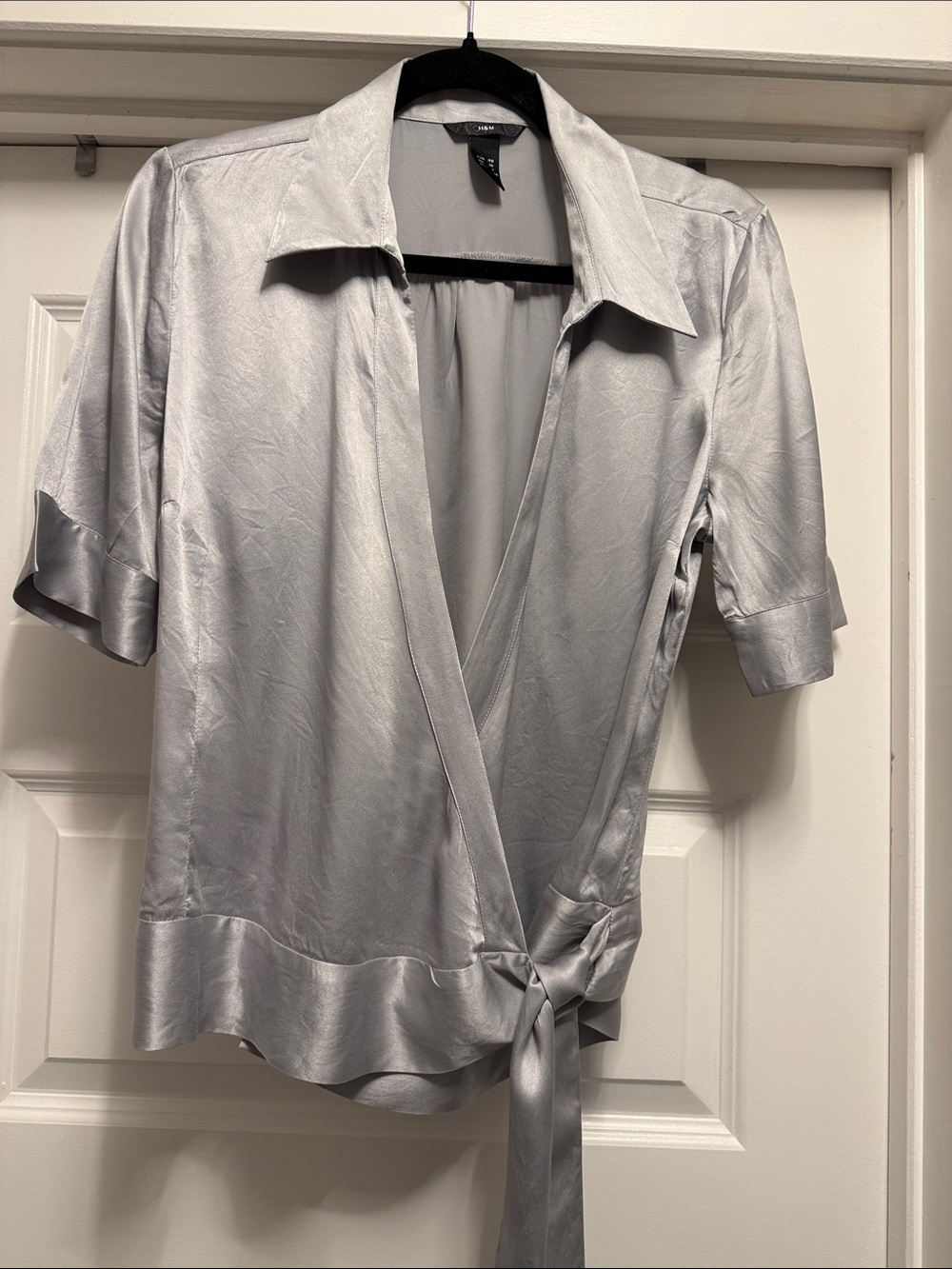 H & M silk Wrap Short-Sleeve Blouse - Silver